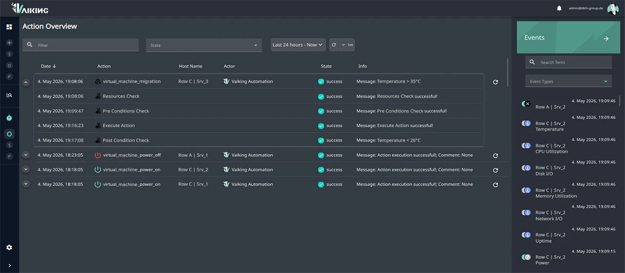 Vaiking Automation Module: expanded action view with TRIGGER, PRE conditions, EXEC and POST status