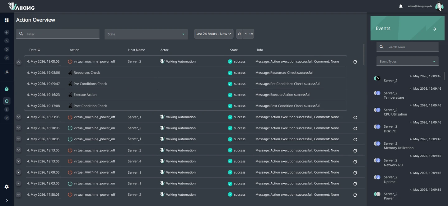 Vaiking Automation Module: action log with PRE/EXEC/POST status in the Vaiking UI